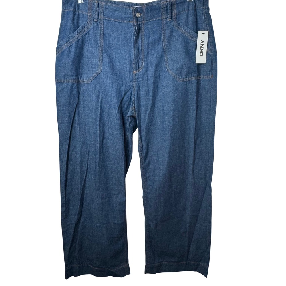 DKNY Crosby Pants Womens 14 Blue Wide Leg Chambray Utility NEW